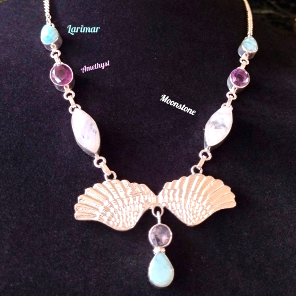 Exquisite Larimar, amethyst, rainbow moonstone silver necklace 21"…